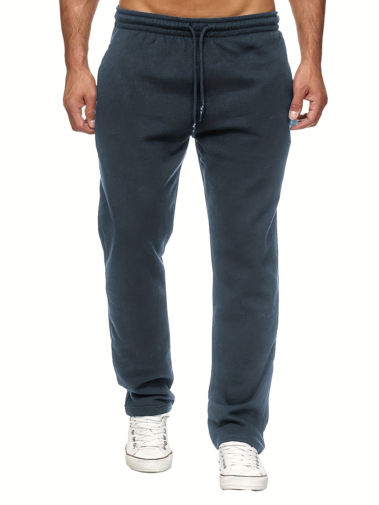Men's Casual Solid Color Pants, Fleece Slight Stretch Sweatpants