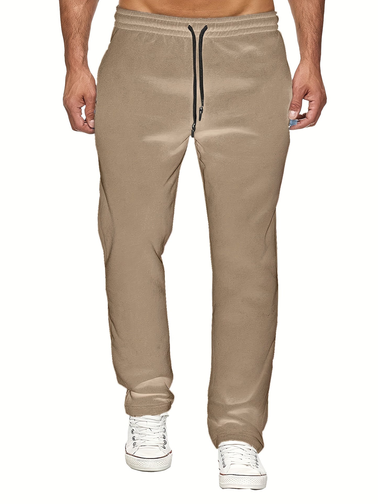 Men's Casual Solid Color Pants, Fleece Slight Stretch Sweatpants