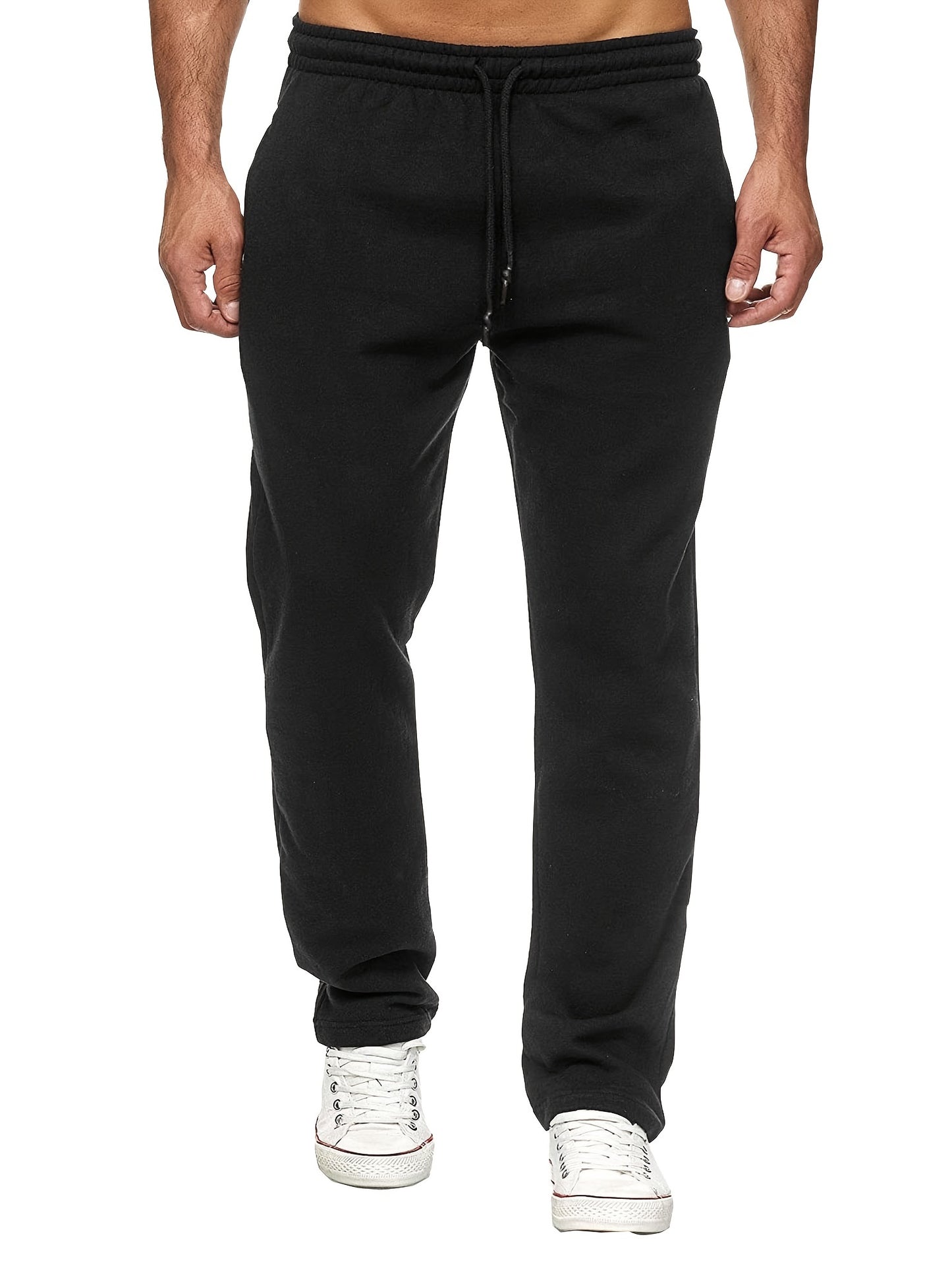 Men's Casual Solid Color Pants, Fleece Slight Stretch Sweatpants