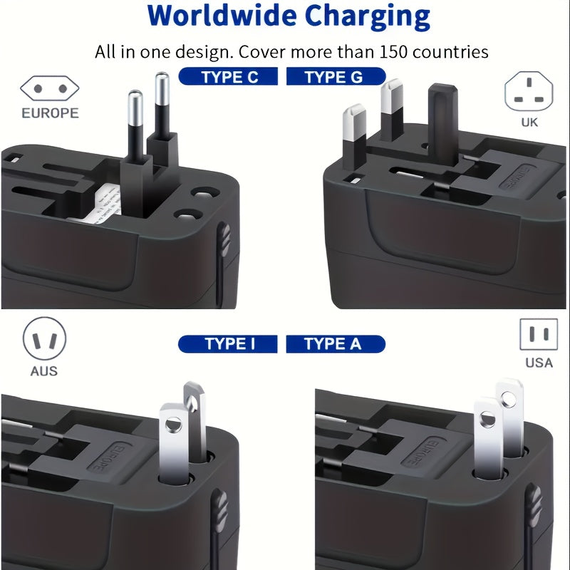 1pc Compliance Certification Travel Adapter,US/EU/UK/AU Plug,Worldwide All In One Design,Universal Interface Phone Tablet Wall Charger,Cover More Than 150 Countries,For iPhone,Samsung,Xiaomi,Android,Ipad,Car,etc,Perfect Holid