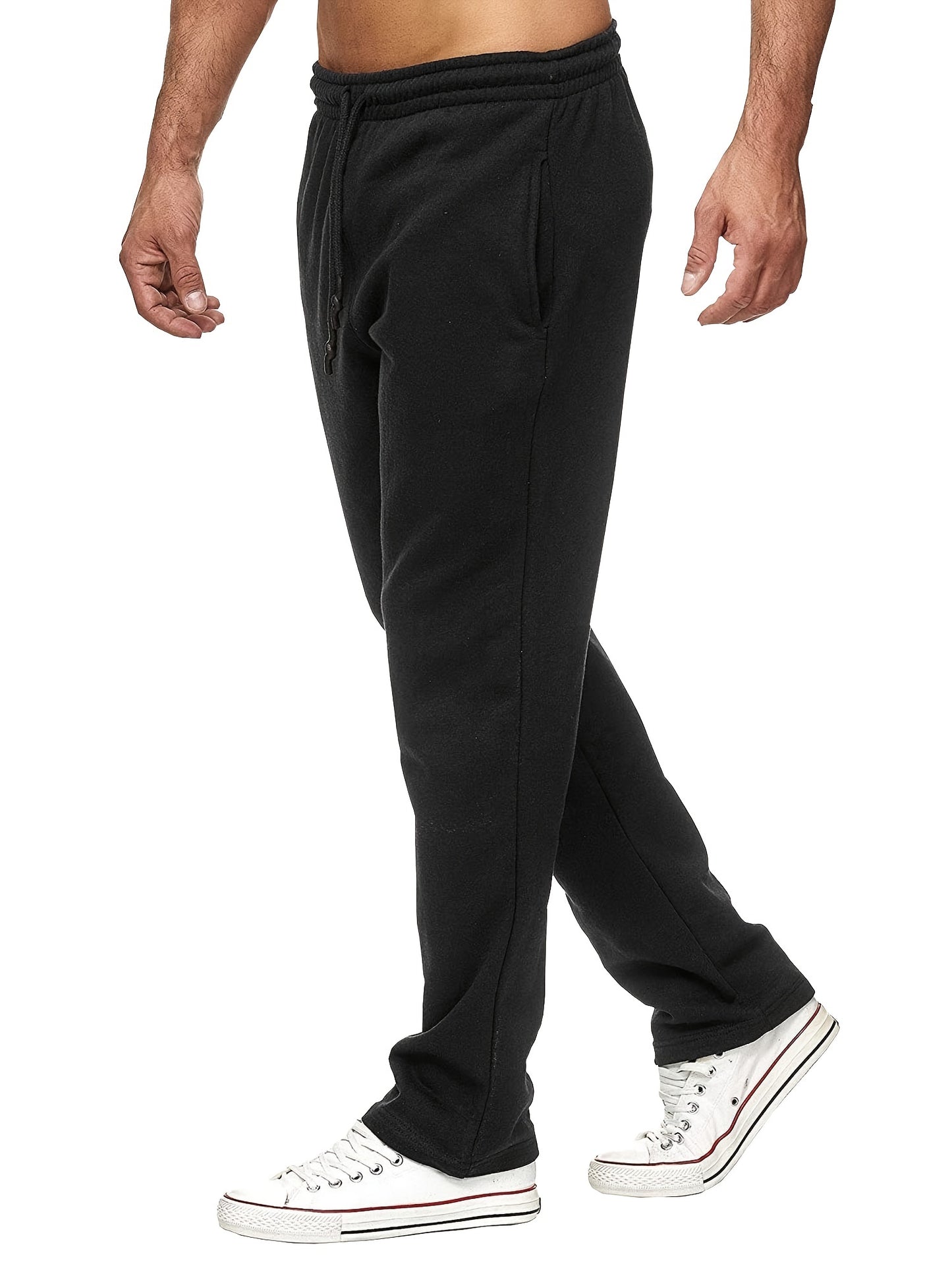 Men's Casual Solid Color Pants, Fleece Slight Stretch Sweatpants