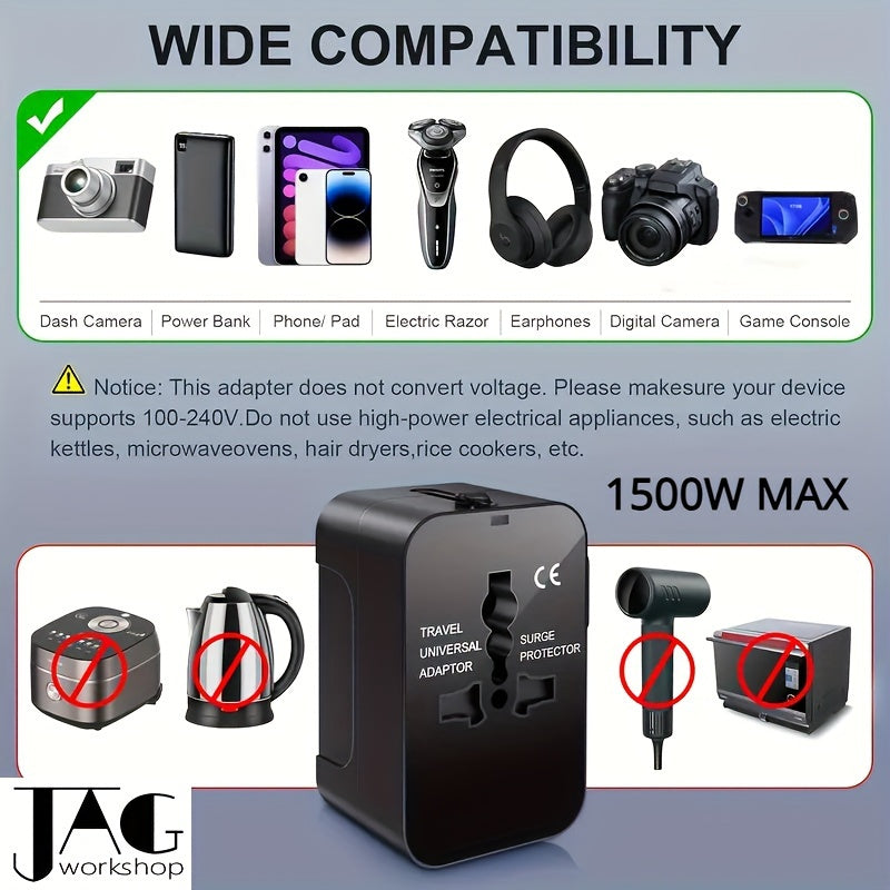 1pc Compliance Certification Travel Adapter,US/EU/UK/AU Plug,Worldwide All In One Design,Universal Interface Phone Tablet Wall Charger,Cover More Than 150 Countries,For iPhone,Samsung,Xiaomi,Android,Ipad,Car,etc,Perfect Holid