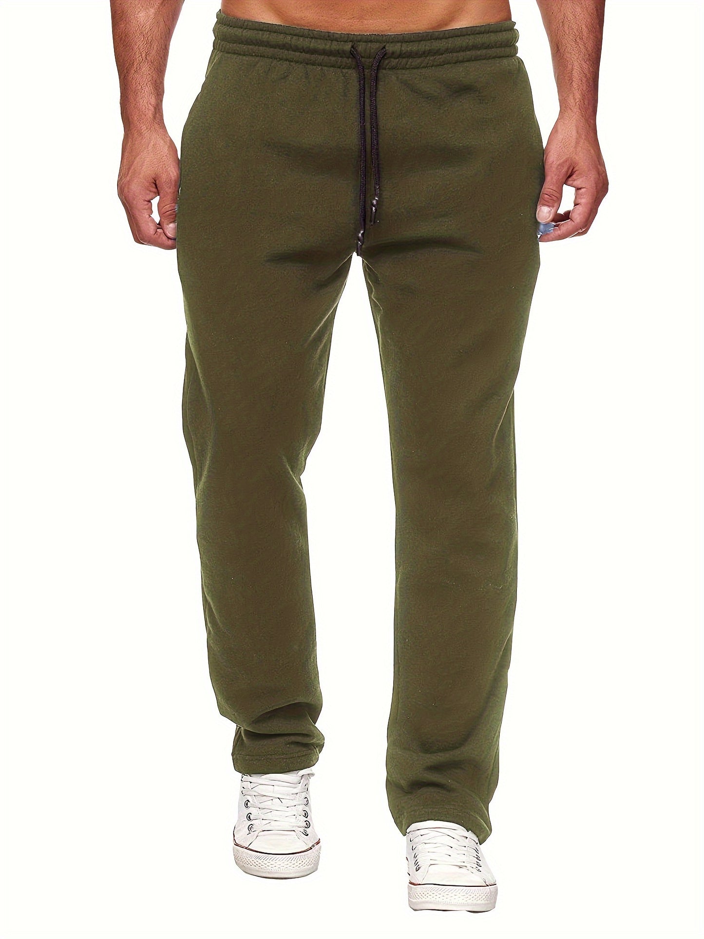 Men's Casual Solid Color Pants, Fleece Slight Stretch Sweatpants
