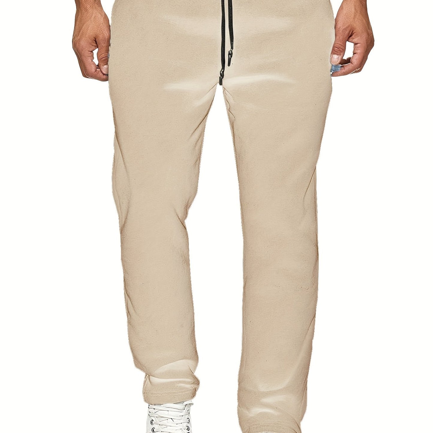 Men's Casual Solid Color Pants, Fleece Slight Stretch Sweatpants