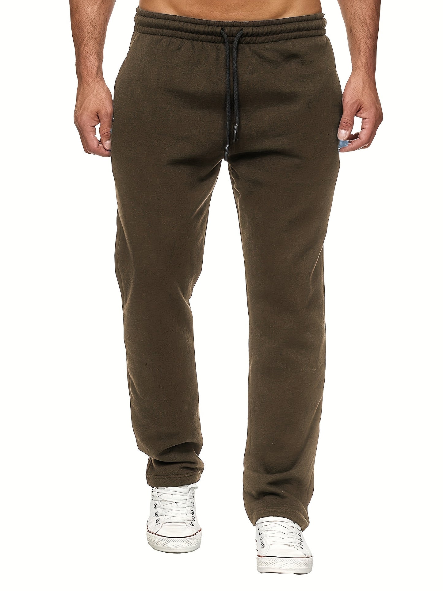 Men's Casual Solid Color Pants, Fleece Slight Stretch Sweatpants