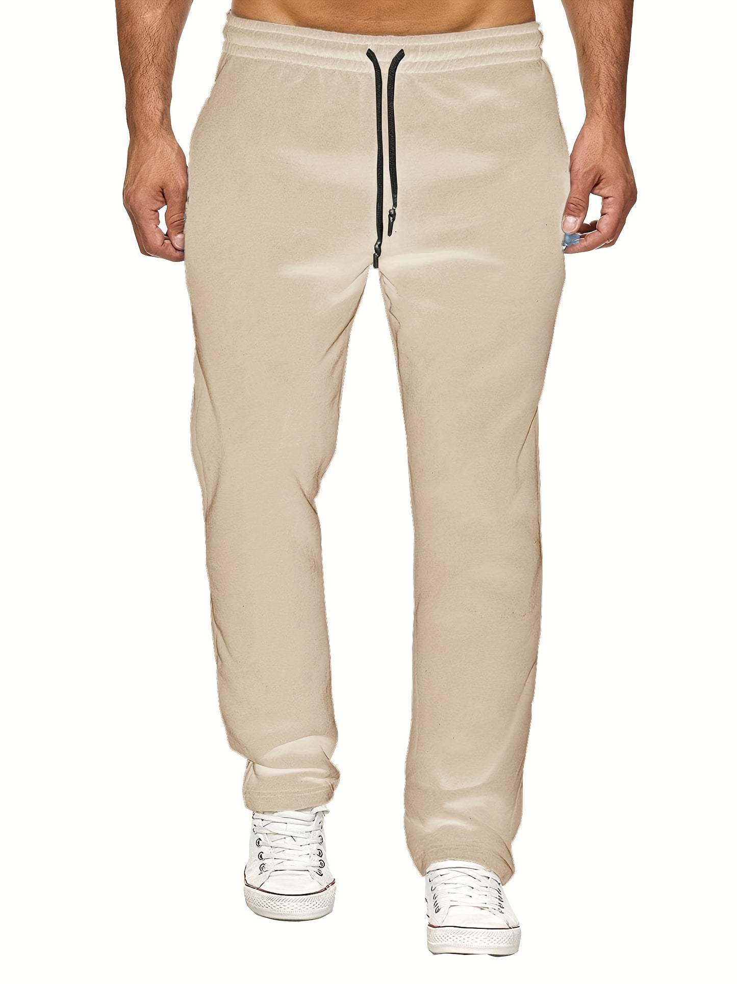 Men's Casual Solid Color Pants, Fleece Slight Stretch Sweatpants