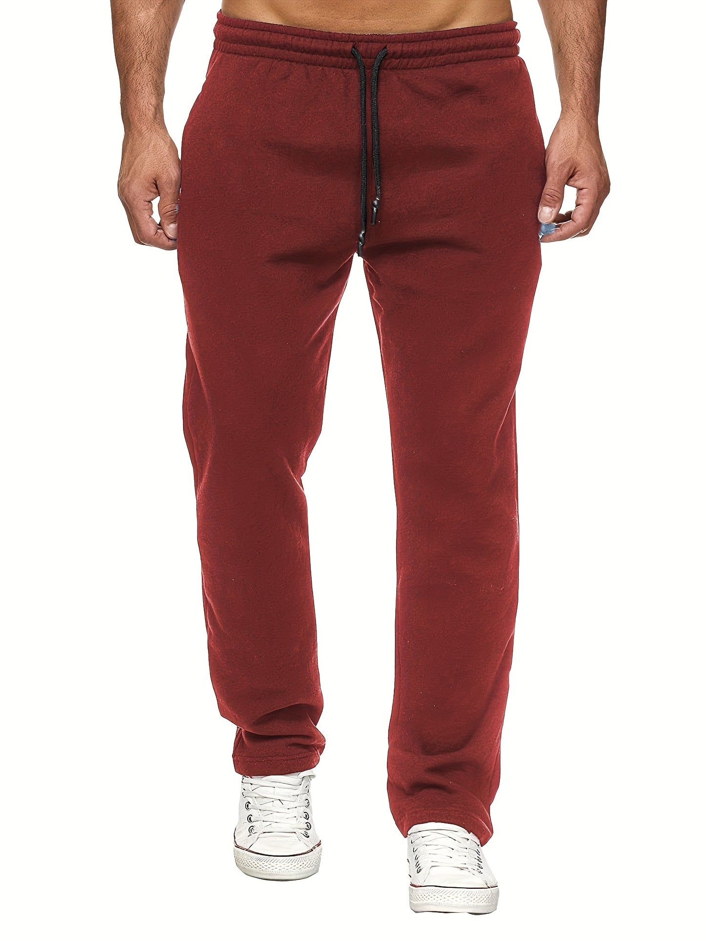 Men's Casual Solid Color Pants, Fleece Slight Stretch Sweatpants